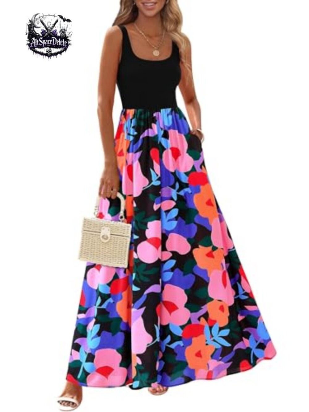 Boho Floral Maxi Dress Sleeveless Scoop Neck Flowy Sundress Beach Vacation